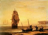 Fishermen unloading the catch with a merchant ship in calm water off Brymer Bay, Devon by Thomas Luny